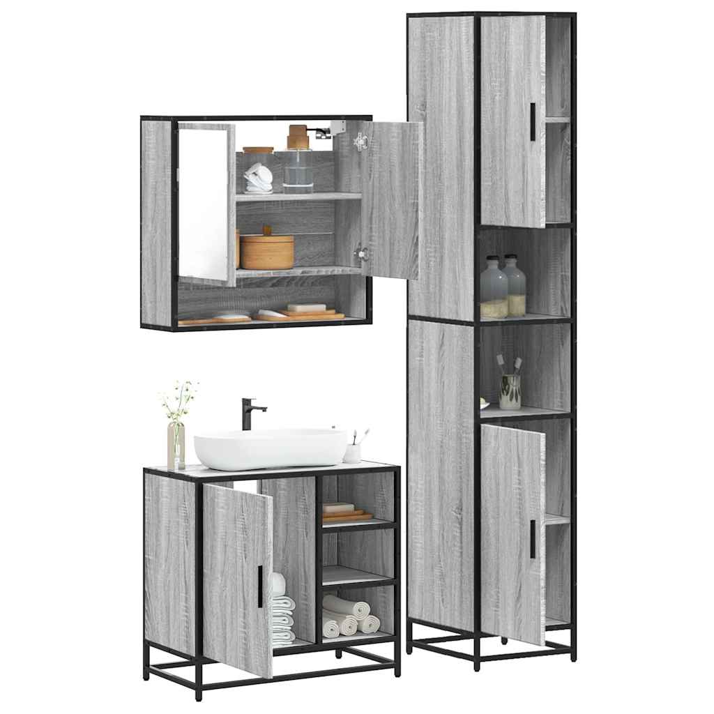 Set mobilier de baie, 3 piese, gri sonoma, lemn prelucrat