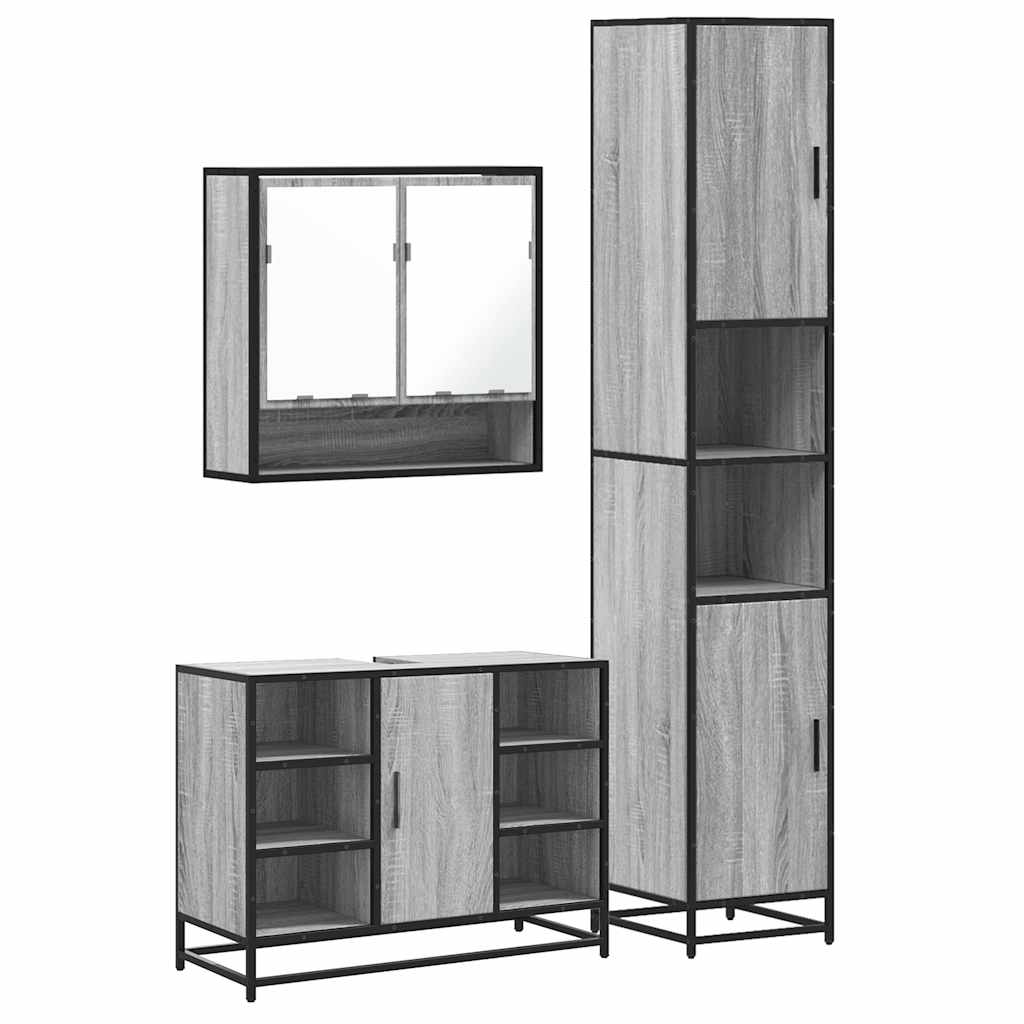 Set mobilier de baie, 3 piese, gri sonoma, lemn prelucrat