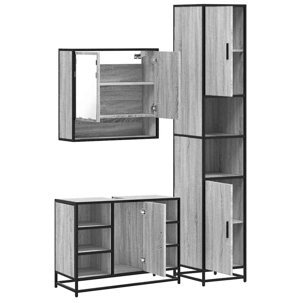 Set mobilier de baie, 3 piese, gri sonoma, lemn prelucrat
