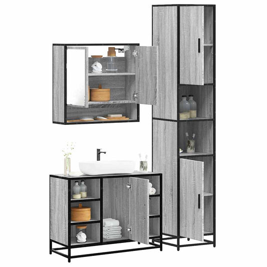 Set mobilier de baie, 3 piese, gri sonoma, lemn prelucrat