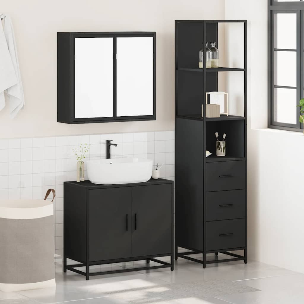 Set mobilier de baie, 3 piese, negru, lemn compozit