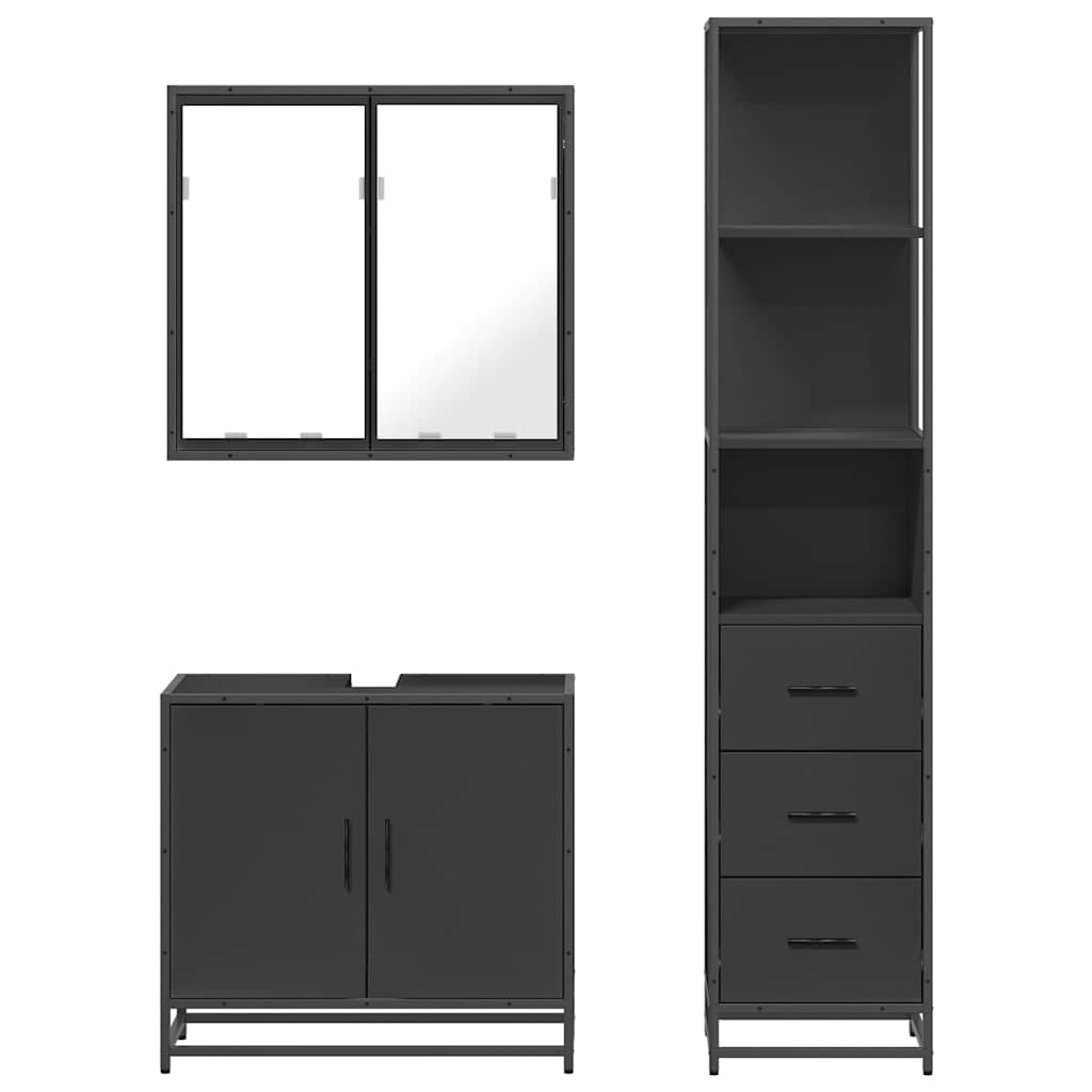 Set mobilier de baie, 3 piese, negru, lemn compozit