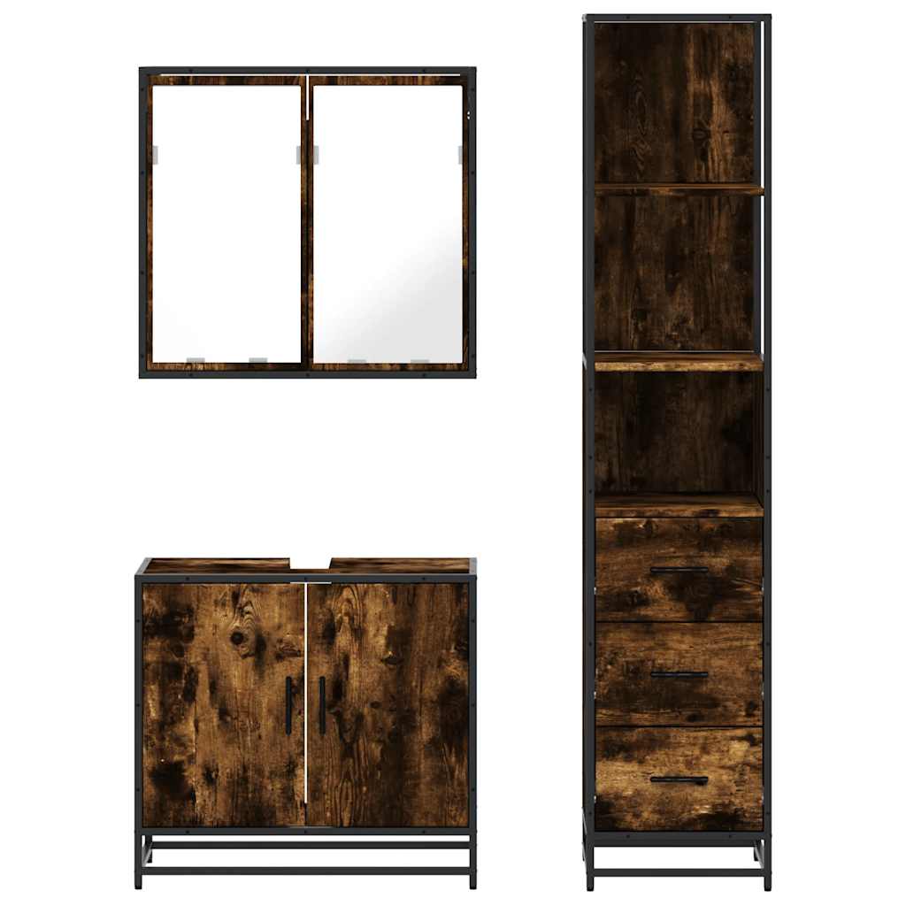 Set mobilier de baie, 3 piese, stejar fumuriu, lemn prelucrat