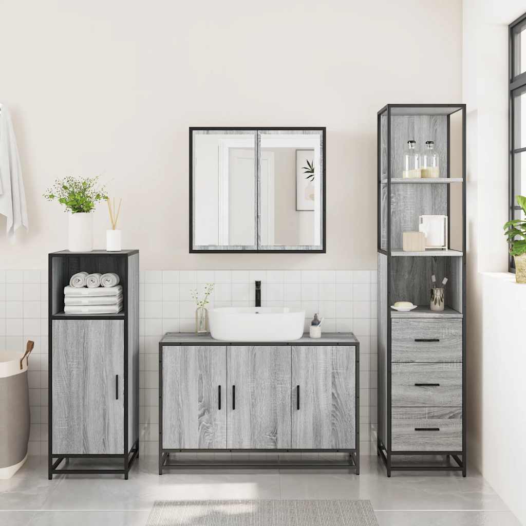 Set mobilier de baie, 3 piese, gri sonoma, lemn prelucrat