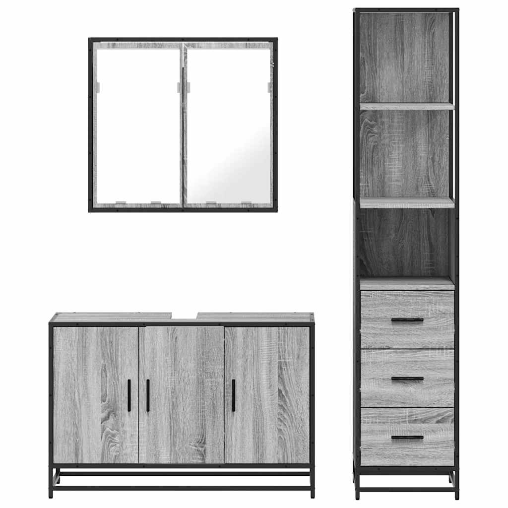 Set mobilier de baie, 3 piese, gri sonoma, lemn prelucrat