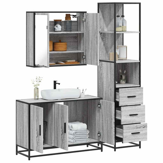 Set mobilier de baie, 3 piese, gri sonoma, lemn prelucrat