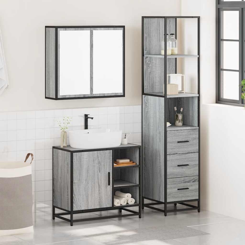 Set mobilier de baie, 3 piese, gri sonoma, lemn prelucrat