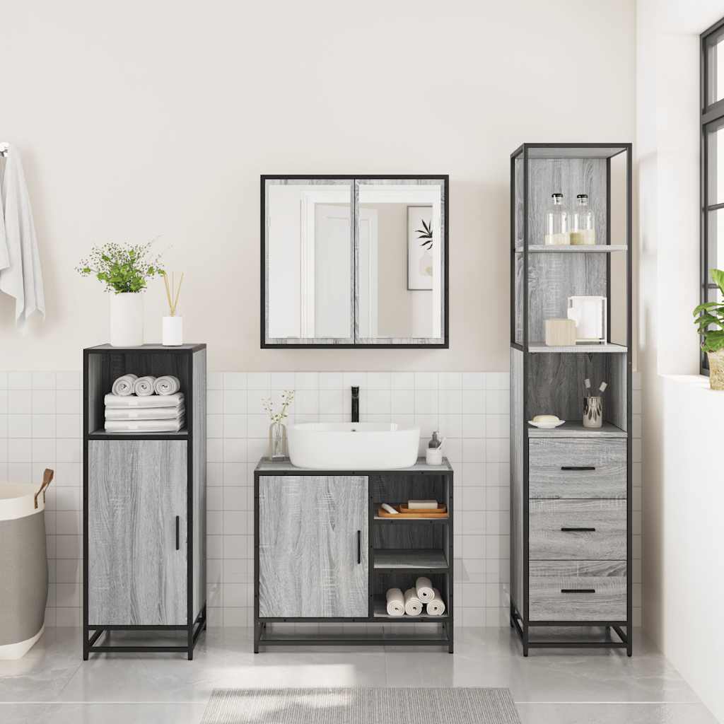 Set mobilier de baie, 3 piese, gri sonoma, lemn prelucrat