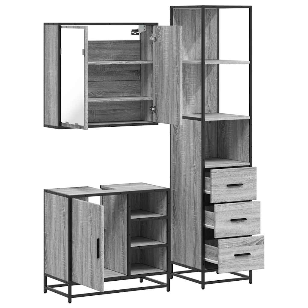 Set mobilier de baie, 3 piese, gri sonoma, lemn prelucrat