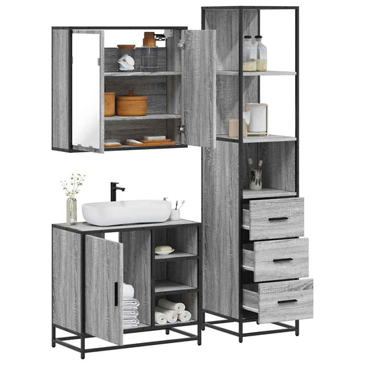 Set mobilier de baie, 3 piese, gri sonoma, lemn prelucrat