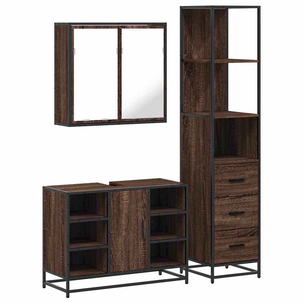 Set mobilier de baie, 3 piese, stejar maro, lemn prelucrat