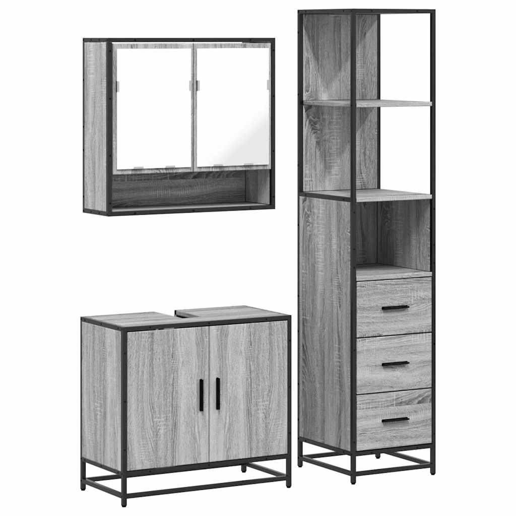 Set mobilier de baie, 3 piese, gri sonoma, lemn prelucrat
