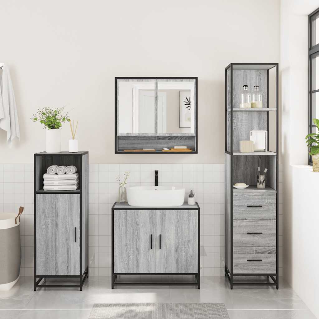 Set mobilier de baie, 3 piese, gri sonoma, lemn prelucrat