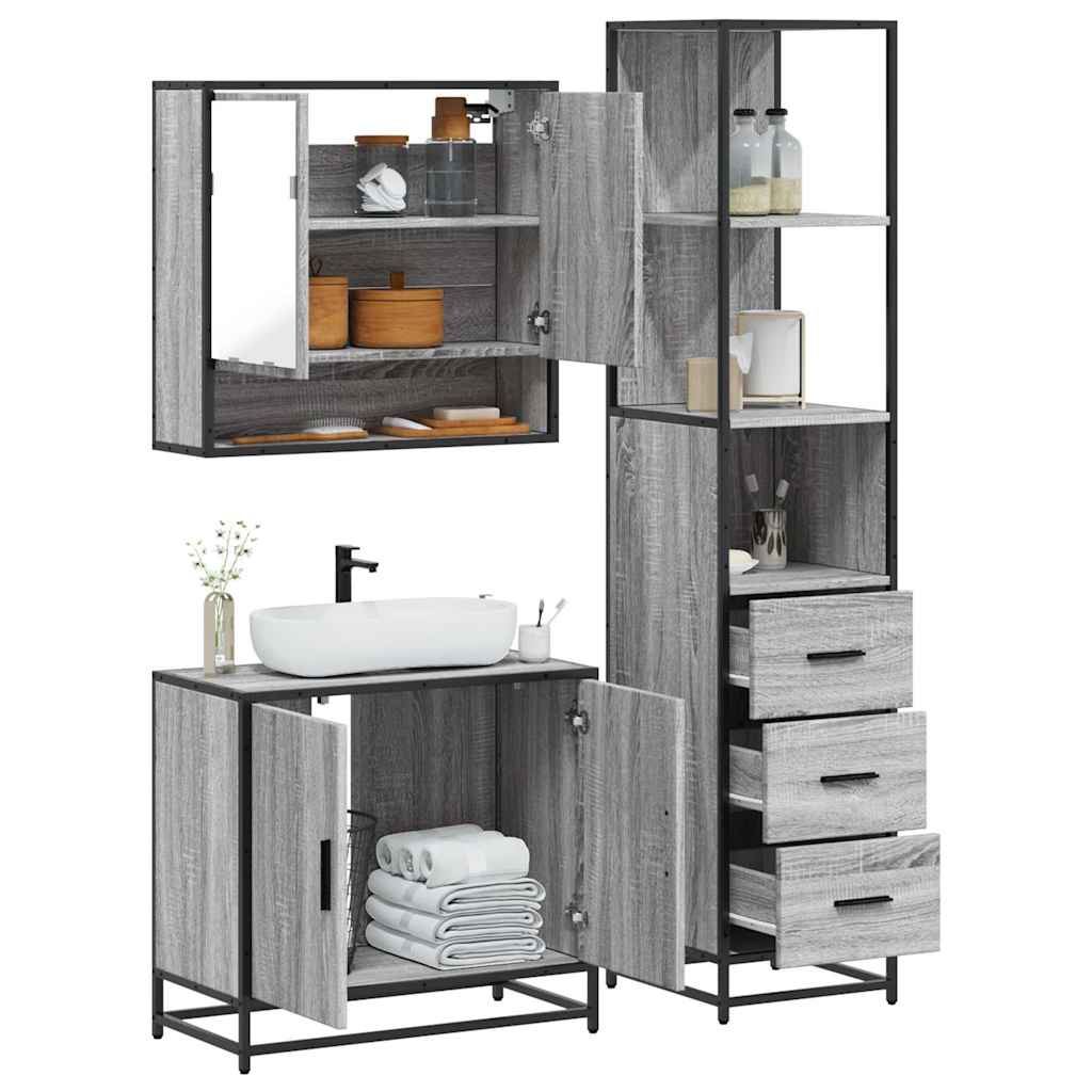 Set mobilier de baie, 3 piese, gri sonoma, lemn prelucrat