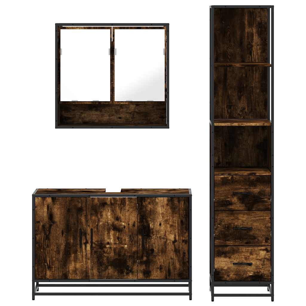 Set mobilier de baie, 3 piese, stejar fumuriu, lemn prelucrat