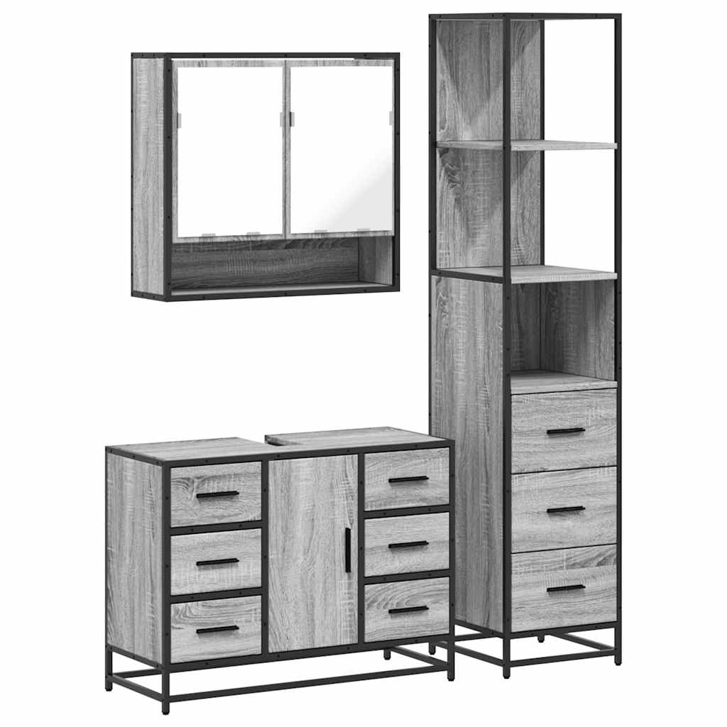 Set mobilier de baie, 3 piese, gri sonoma, lemn prelucrat