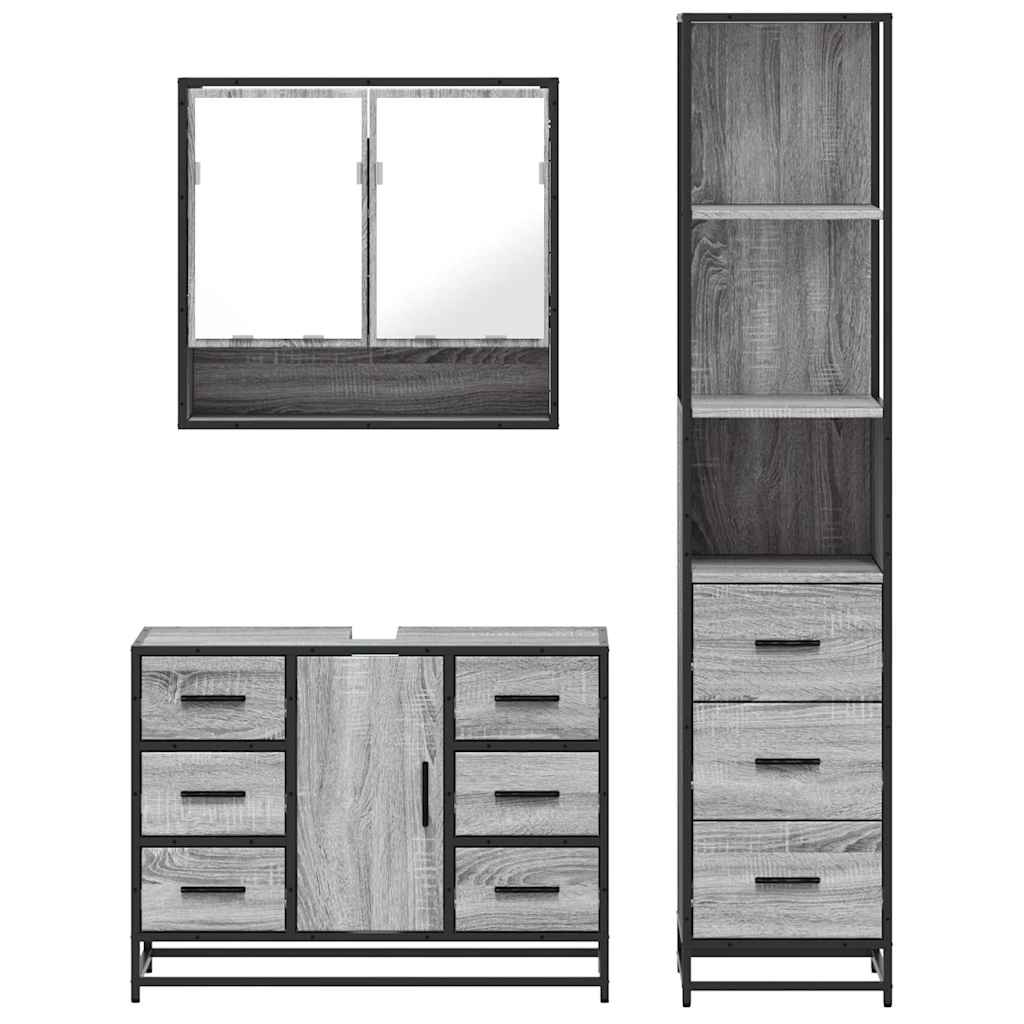 Set mobilier de baie, 3 piese, gri sonoma, lemn prelucrat