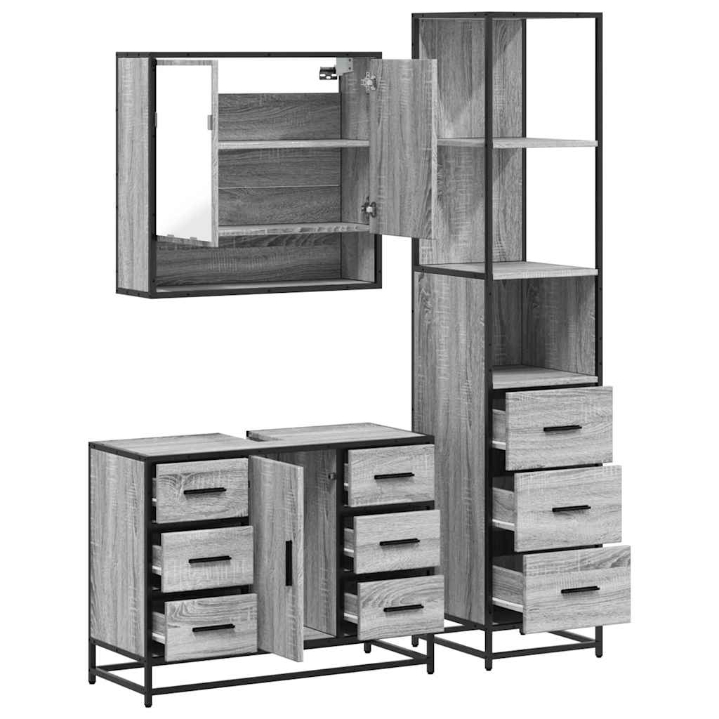 Set mobilier de baie, 3 piese, gri sonoma, lemn prelucrat