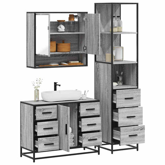 Set mobilier de baie, 3 piese, gri sonoma, lemn prelucrat