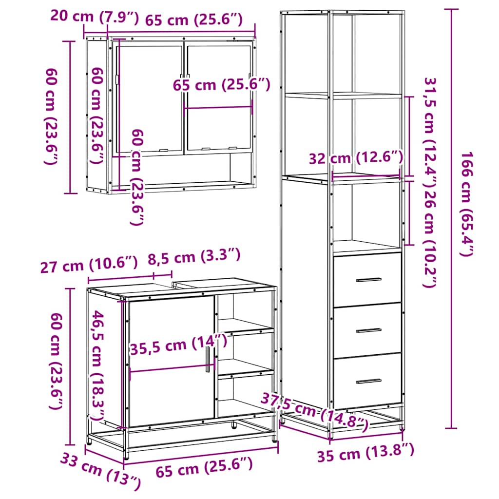 Set mobilier de baie, 3 piese, gri sonoma, lemn prelucrat