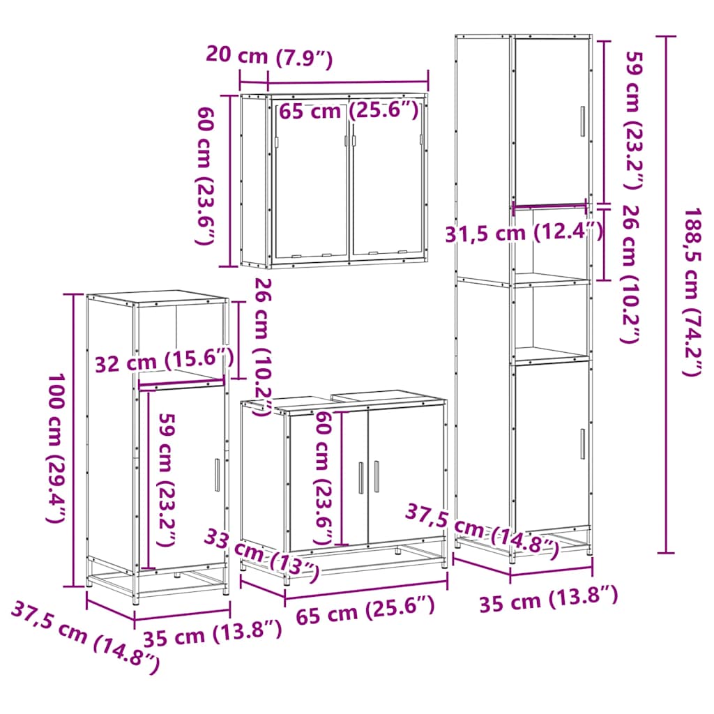 Set de mobilier de baie 4 piese Lemn prelucrat de stejar afumat
