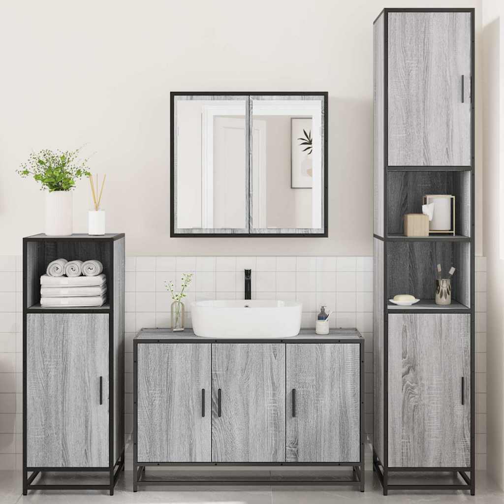 Set de mobilier de baie 4 piese Lemn stratificat gri Sonoma