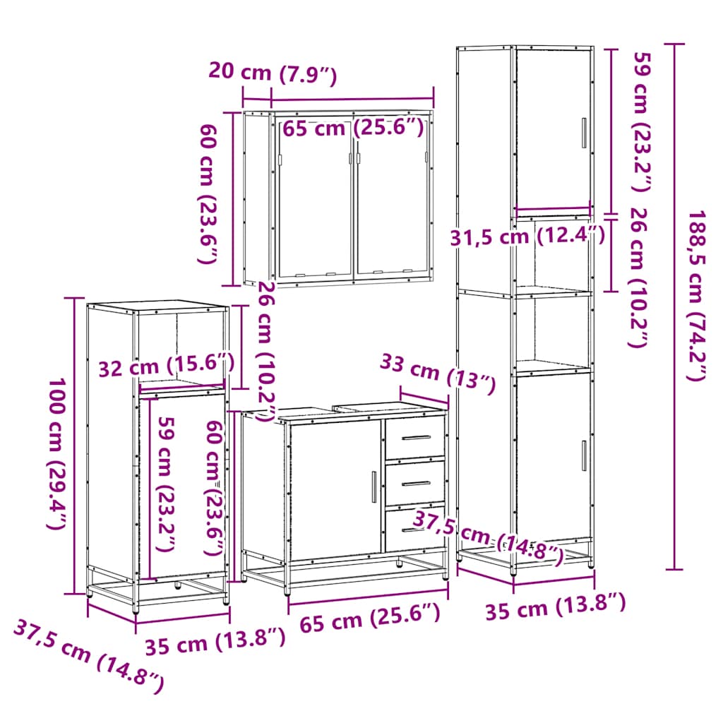 Set de mobilier de baie 4 piese Lemn stratificat gri Sonoma