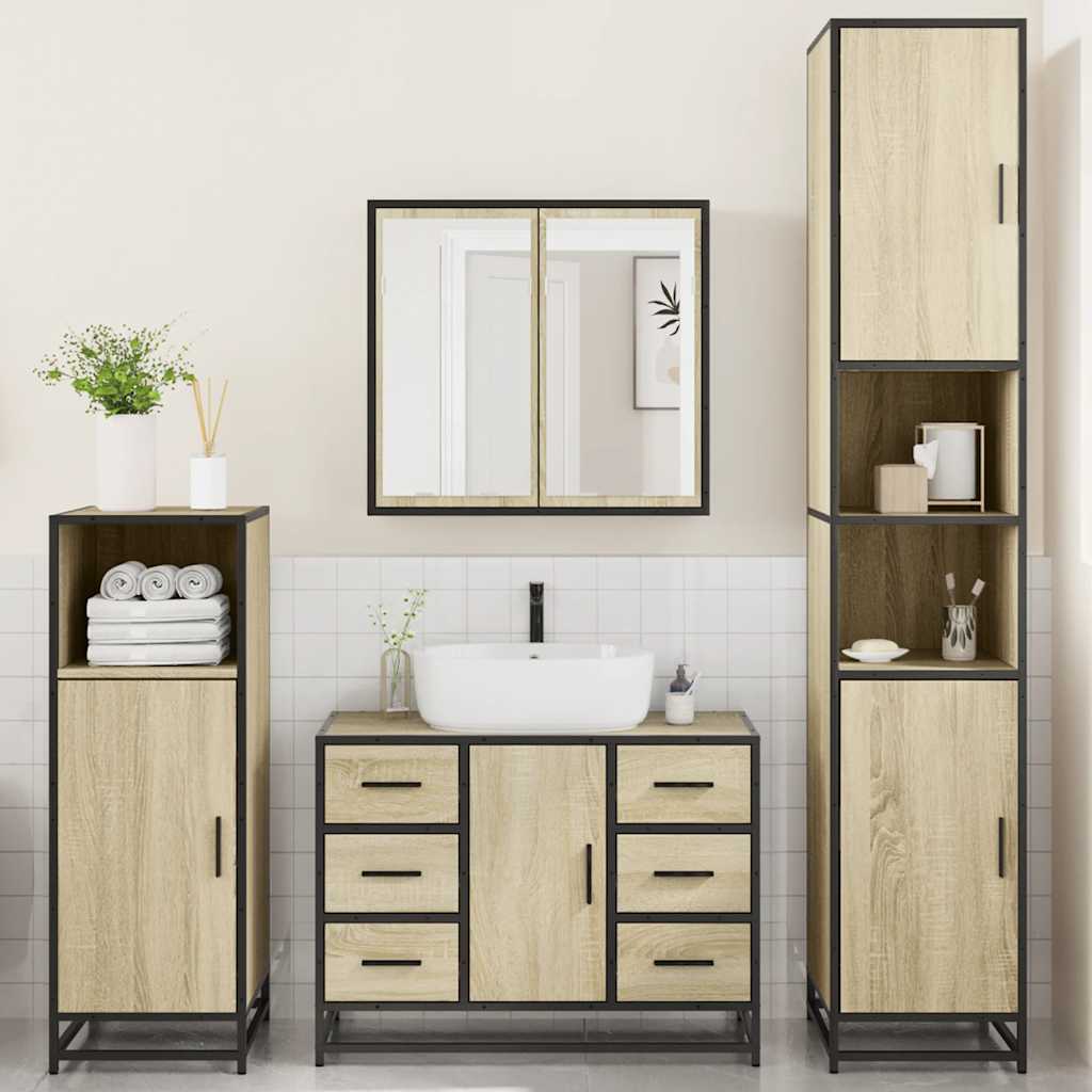 Set de mobilier de baie din 4 piese din lemn de stejar Sonoma