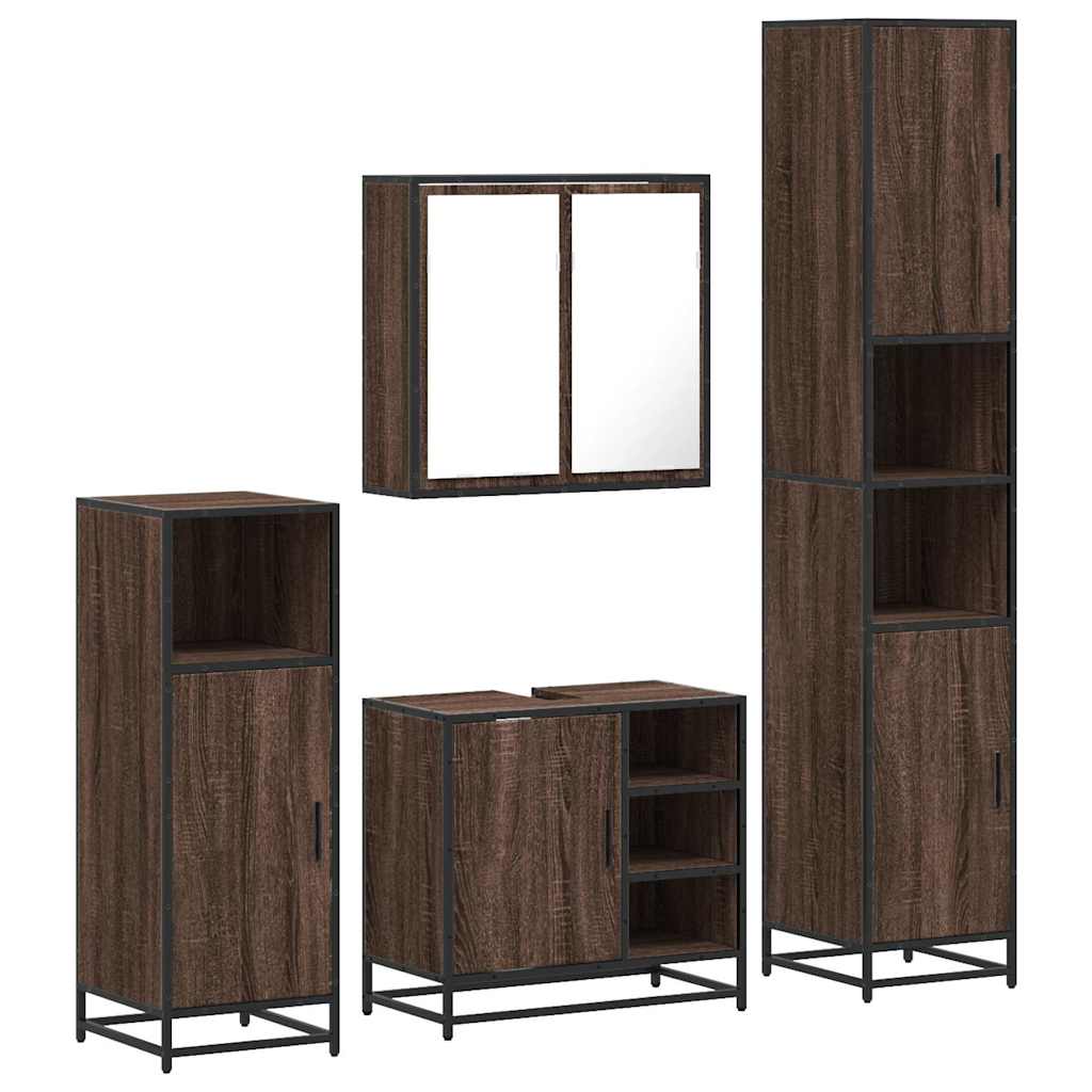 Set de mobilier de baie din 4 piese din lemn de stejar maro