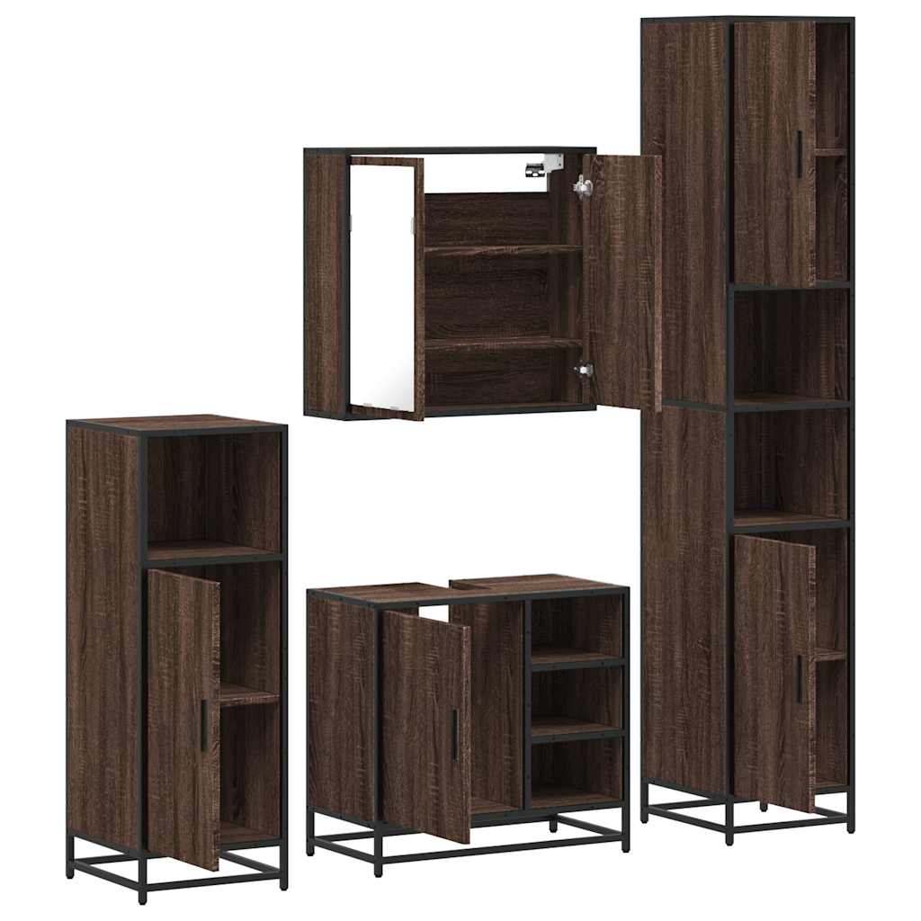 Set de mobilier de baie din 4 piese din lemn de stejar maro