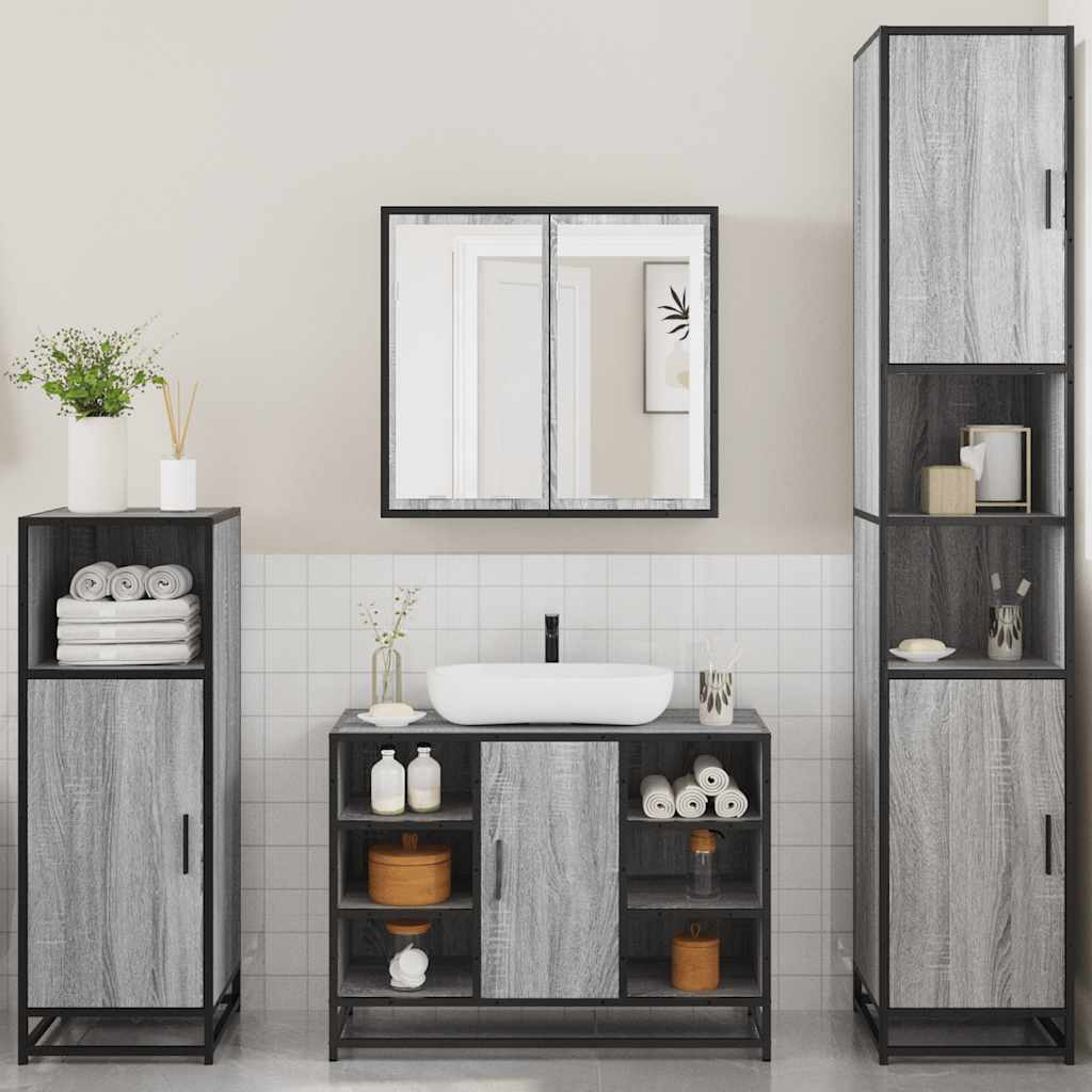 Set de mobilier de baie 4 piese Lemn stratificat gri Sonoma
