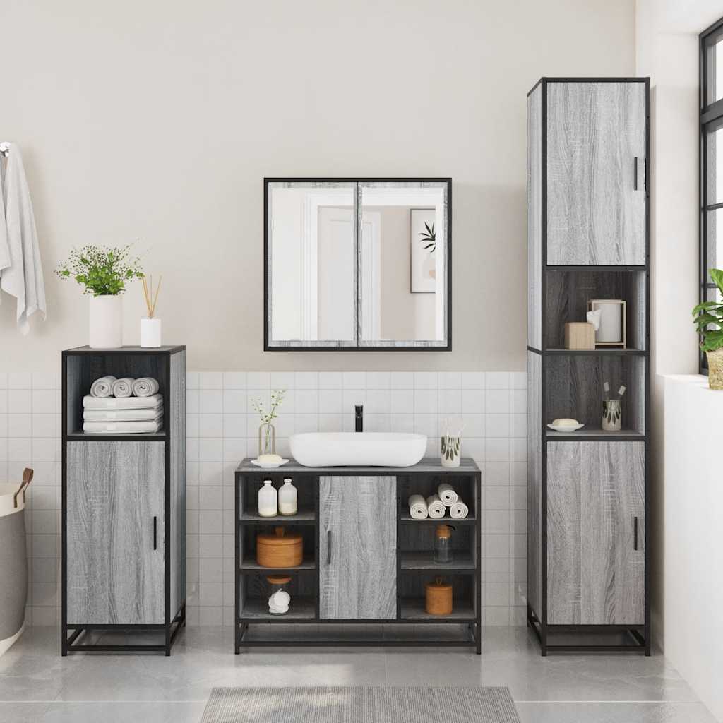 Set de mobilier de baie 4 piese Lemn stratificat gri Sonoma