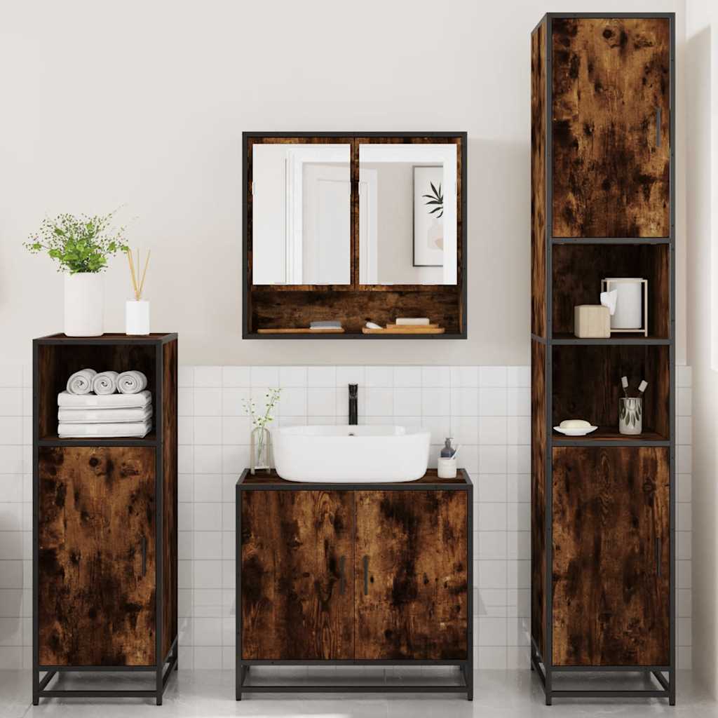 Set de mobilier de baie 4 piese Lemn prelucrat de stejar afumat