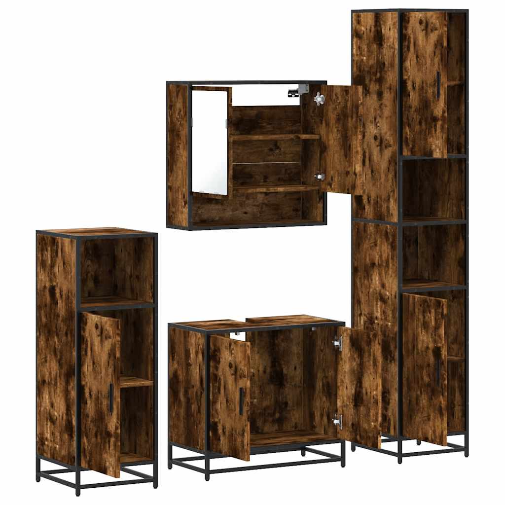 Set de mobilier de baie 4 piese Lemn prelucrat de stejar afumat