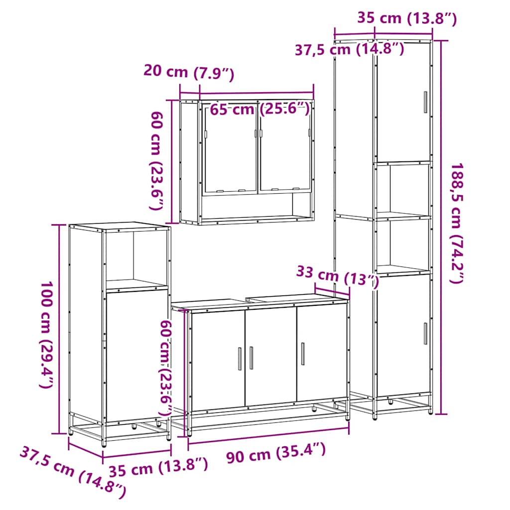 Set de mobilier de baie 4 piese Lemn stratificat gri Sonoma