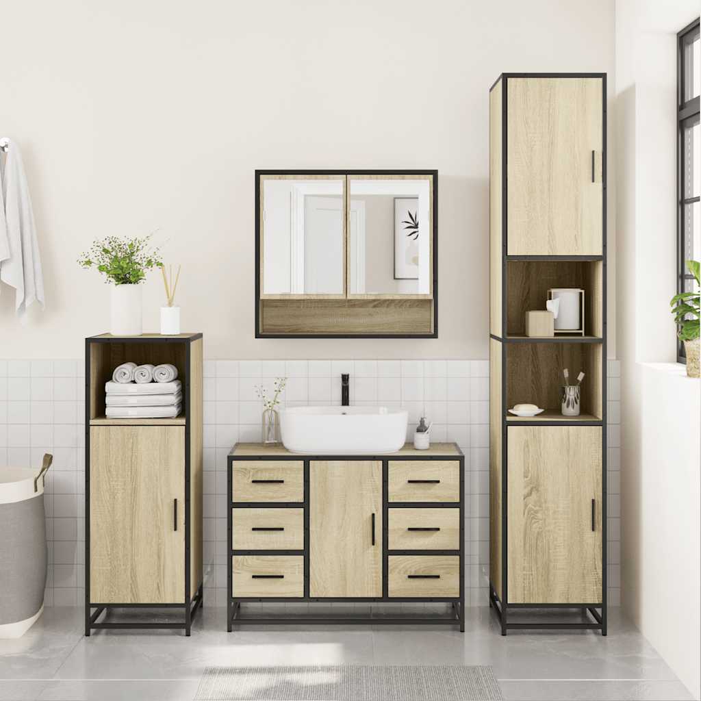 Set de mobilier de baie din 4 piese din lemn de stejar Sonoma