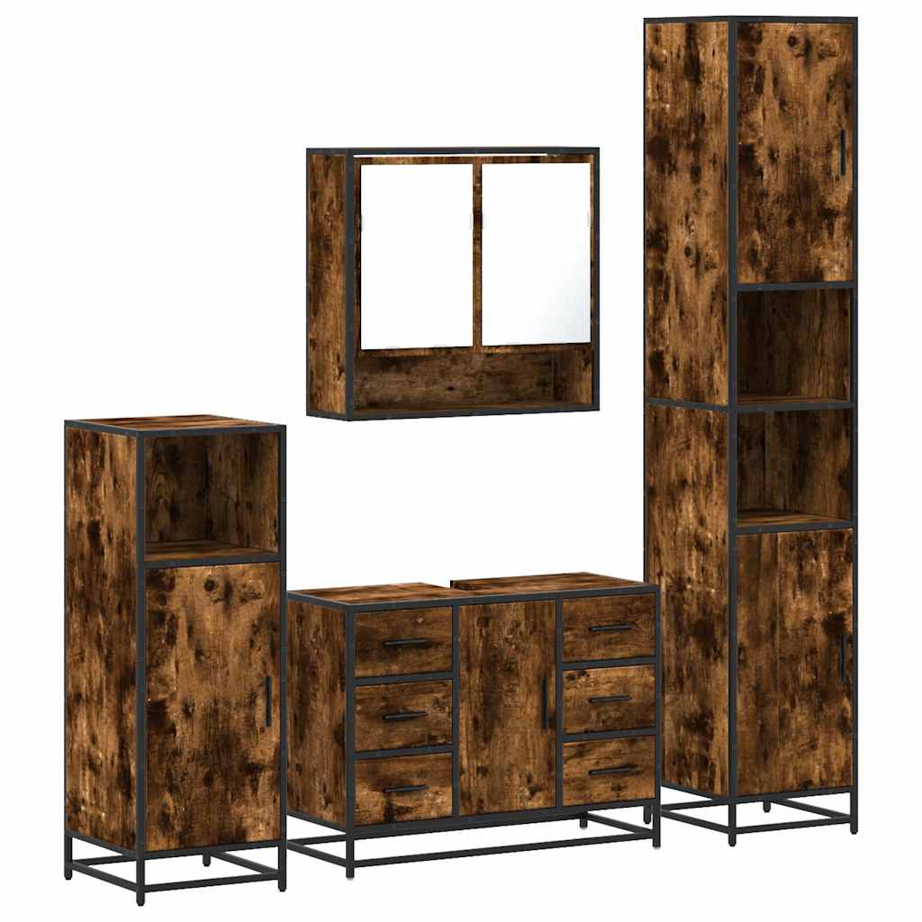Set de mobilier de baie 4 piese Lemn prelucrat de stejar afumat