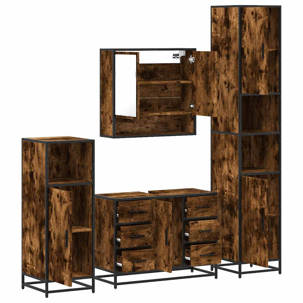 Set de mobilier de baie 4 piese Lemn prelucrat de stejar afumat