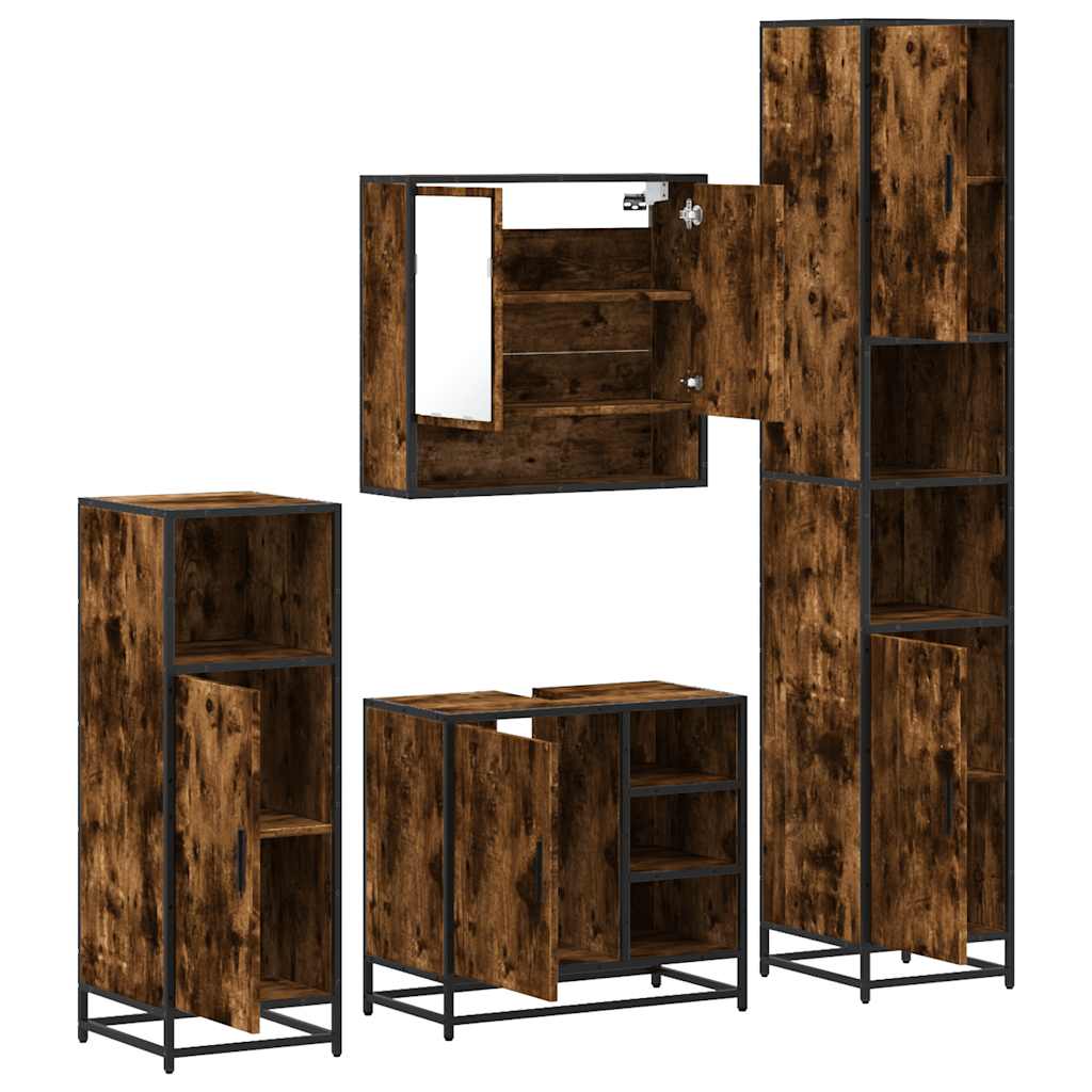 Set de mobilier de baie 4 piese Lemn prelucrat de stejar afumat