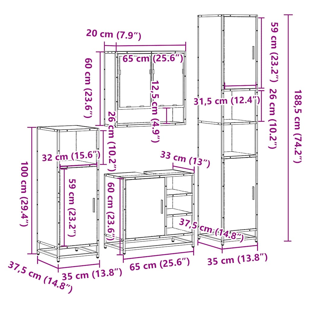 Set de mobilier de baie 4 piese Lemn prelucrat de stejar afumat
