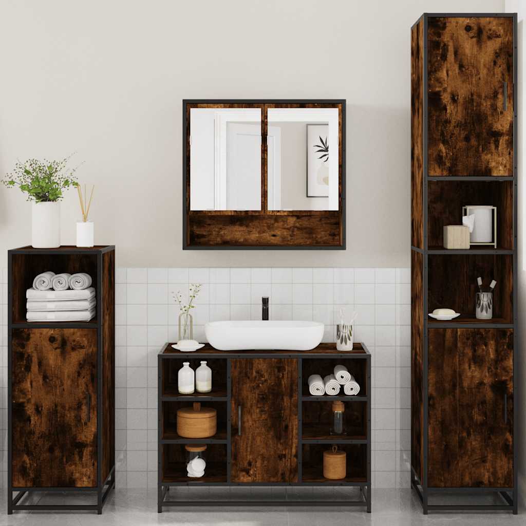 Set de mobilier de baie 4 piese Lemn prelucrat de stejar afumat