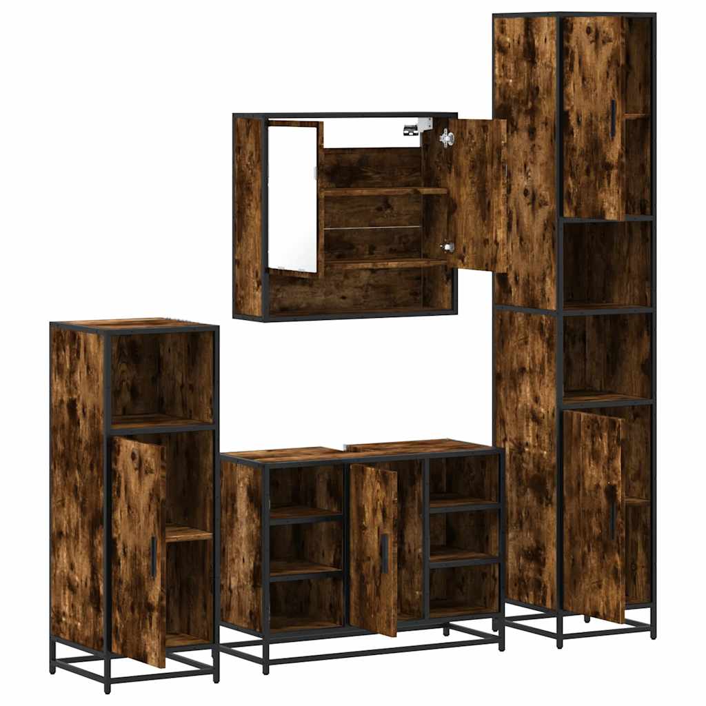 Set de mobilier de baie 4 piese Lemn prelucrat de stejar afumat