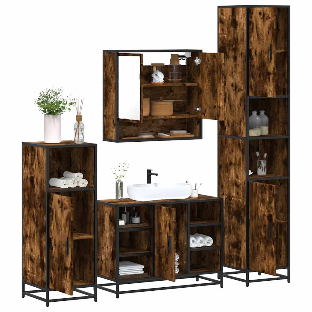 Set de mobilier de baie 4 piese Lemn prelucrat de stejar afumat