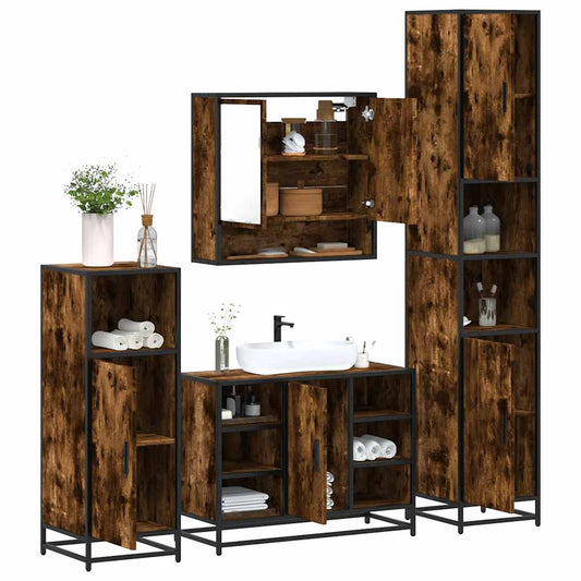 Set de mobilier de baie 4 piese Lemn prelucrat de stejar afumat
