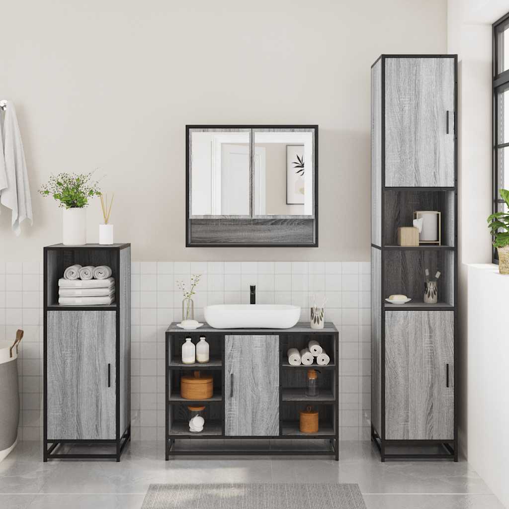 Set de mobilier de baie 4 piese Lemn stratificat gri Sonoma