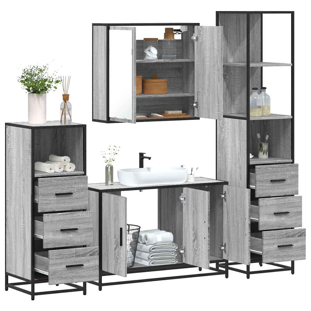 Set de mobilier de baie 4 piese Lemn stratificat gri Sonoma