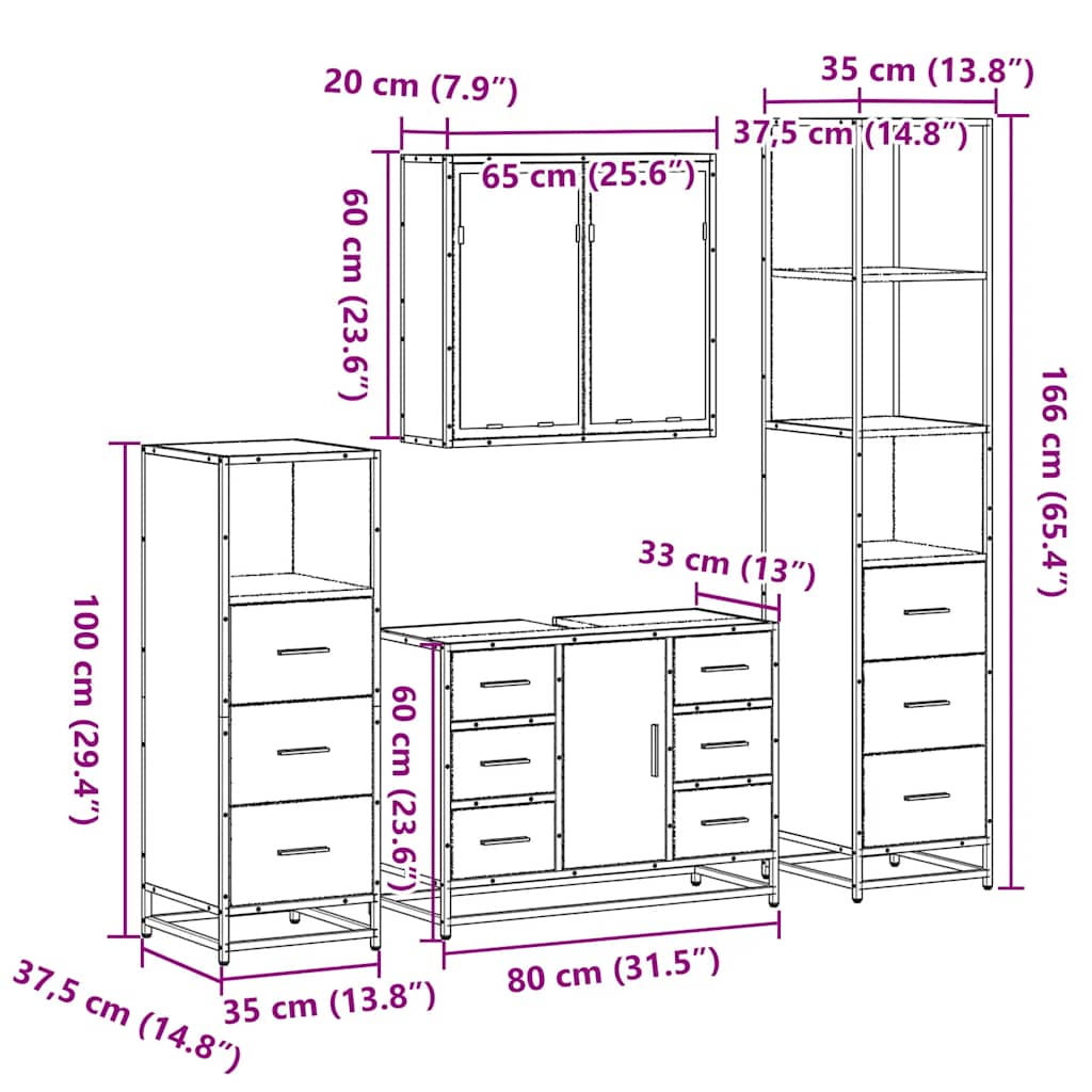 Set de mobilier de baie din 4 piese din lemn de stejar maro