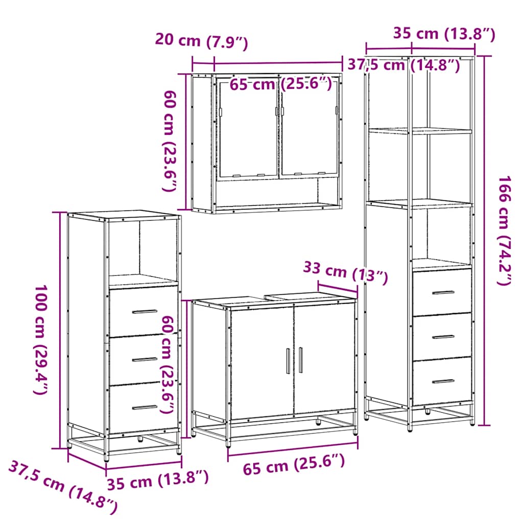 Set de mobilier de baie 4 piese Lemn stratificat gri Sonoma