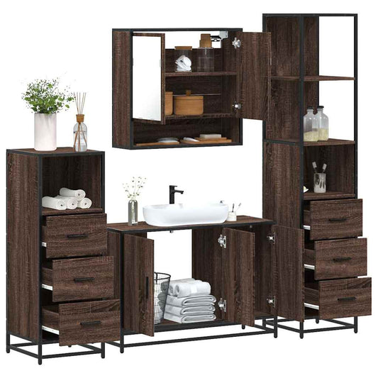 Set de mobilier de baie din 4 piese din lemn de stejar maro