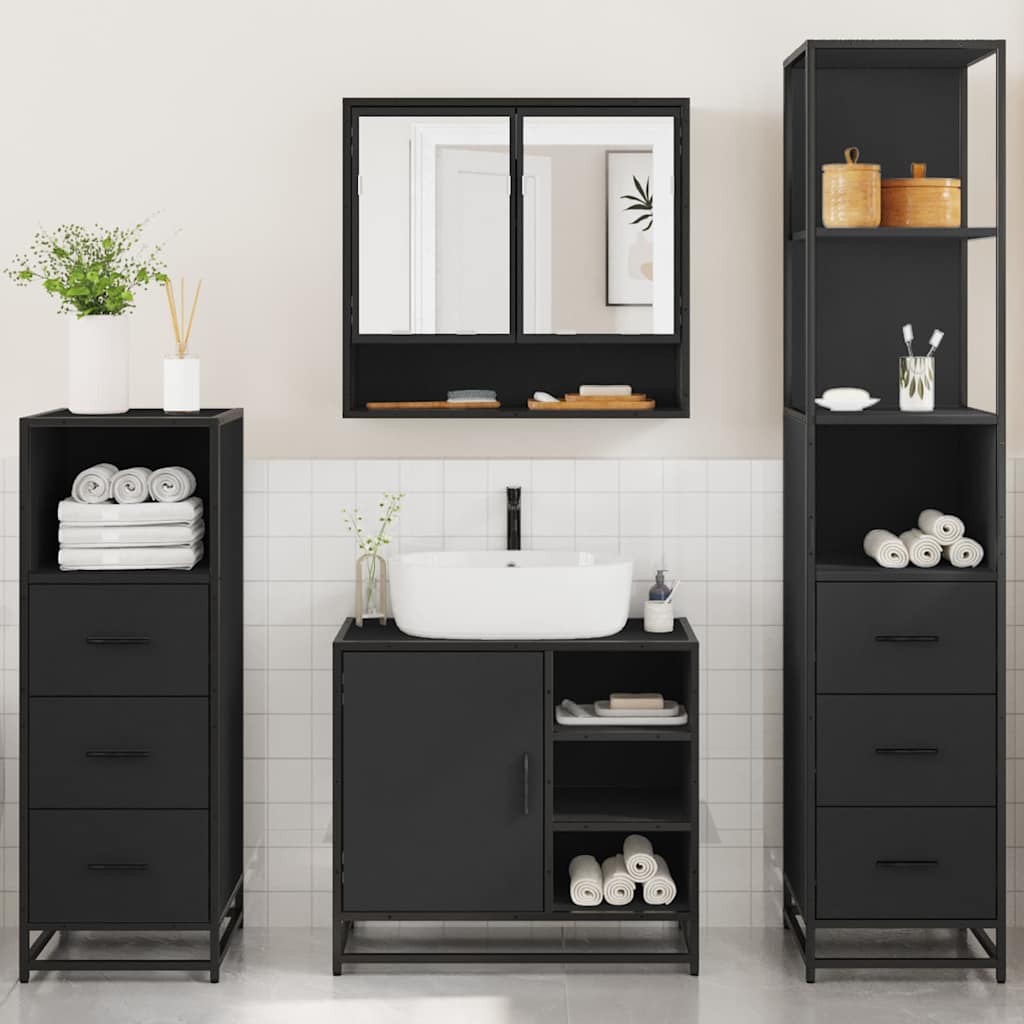 Set de mobilier de baie 4 piese Lemn negru prelucrat